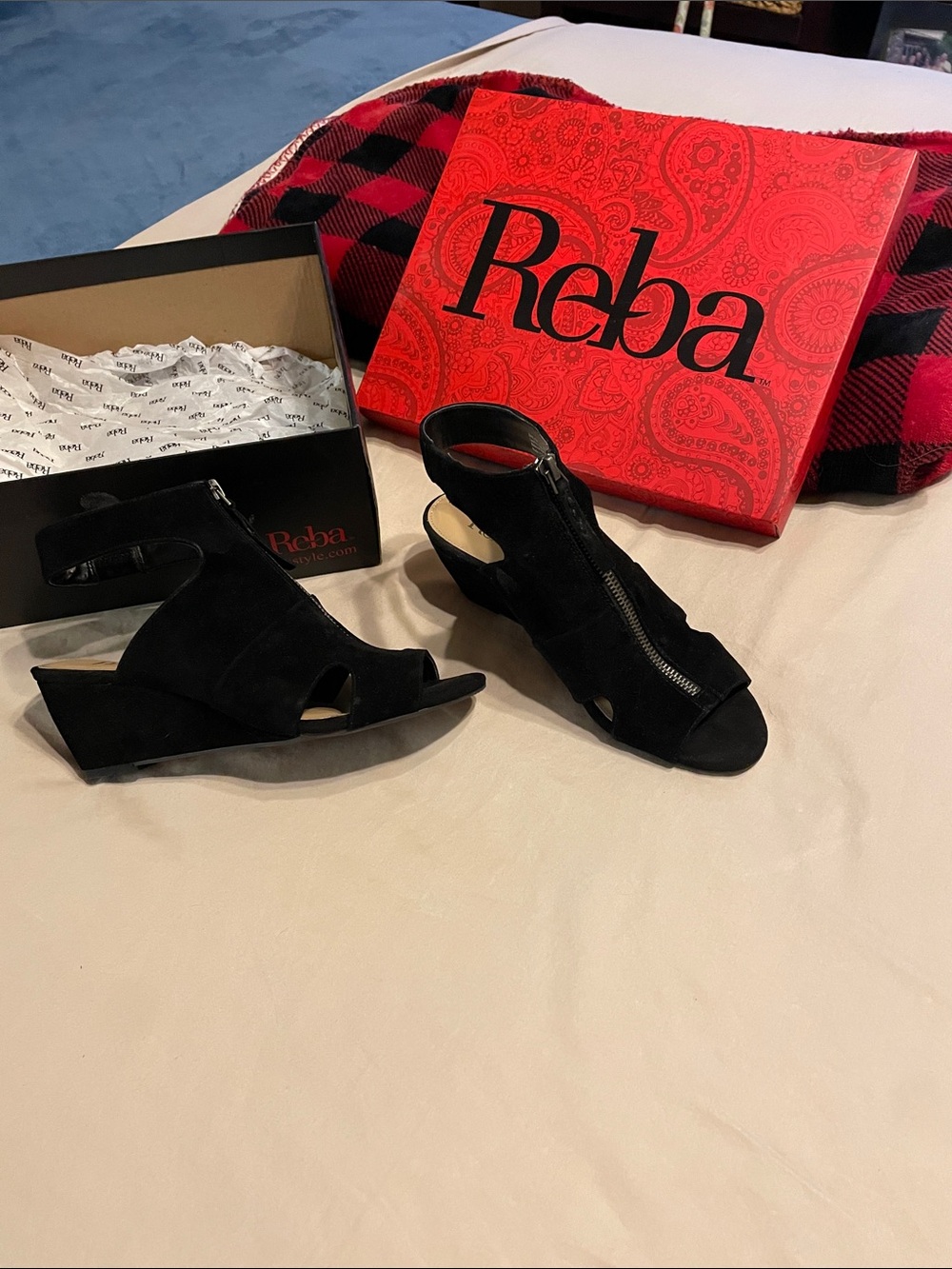 Reba Black Suede Open-Toe Wedge Sandals